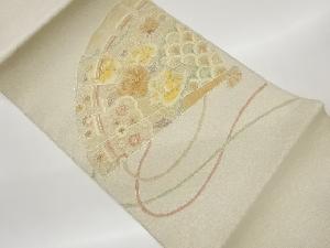 銀駒刺繍檜扇に花々・青海波模様名古屋帯